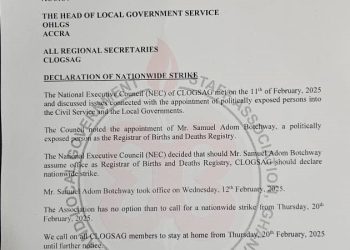 CLOGSAG declares nationwide strike over appointment of Samuel Adom Botchway as Births & Deaths Registrar