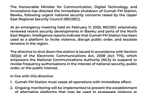 communication minister orders shutdown of gumah fm in bawku over security concerns