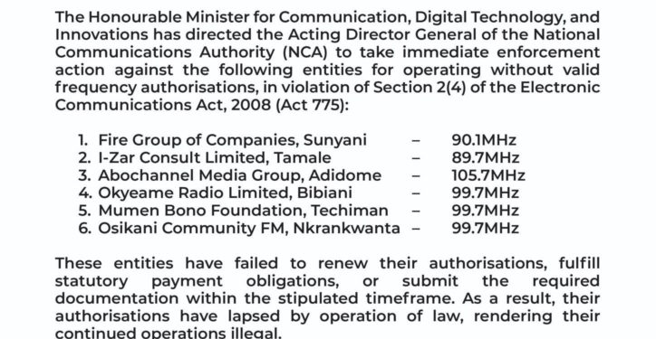 communications minister orders nca to shut down 7 radio stations