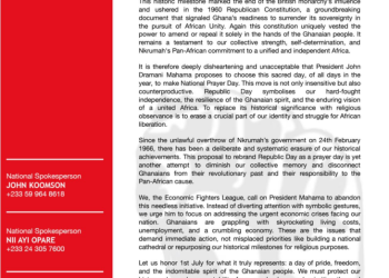 Economic Fighters League rejects president Mahama’s proposal to redefine 1st July as National Prayer Day