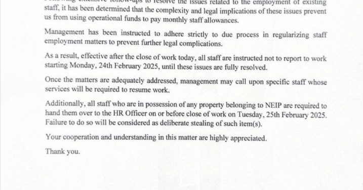 neip staff directed to suspend work until employment and payment issues are resolved