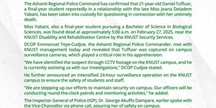 suspected boyfriend of deceased knust student detained