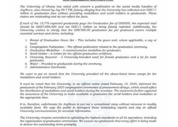 University of Ghana Denies Mismanagement of Graduation Fees Amid Medallion Delay Controversy