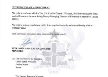 Acting Deputy ECG MD’s ‘inadvertent’ appointment withdrawn