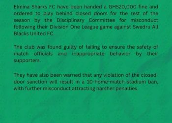 Elmina Sharks to play behind closed doors for rest of season, fined GHS 20,000 for misconduct