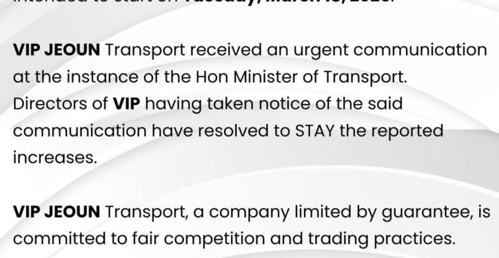 vip jeoun rescinds transport fare hike after govt intervention