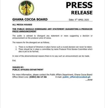 cocobod urges public to disregard claims of producer price announcement
