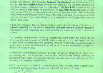 KNUST declares 2 former students persona non grata over indiscipline, campus disturbances