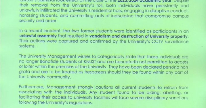 KNUST declares 2 former students persona non grata over indiscipline, campus disturbances 1 knust declares 2 former students persona non grata over indiscipline campus disturbances