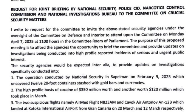 ntim fordjour requests joint briefing by national security nib cid and narcotics control commission in parliament