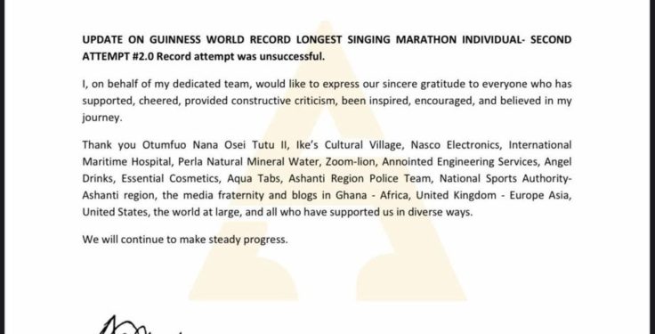 afua asantewaa loses out on gwr sing a thon record again
