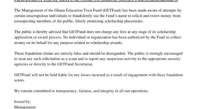 getfund warns public against fraudulent scholarship scams