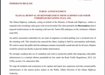 Ghana Highway Authority condemns Achimota-Ofankor underpass vandalism