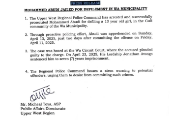 Man jailed seven years for defiling minor in Wa