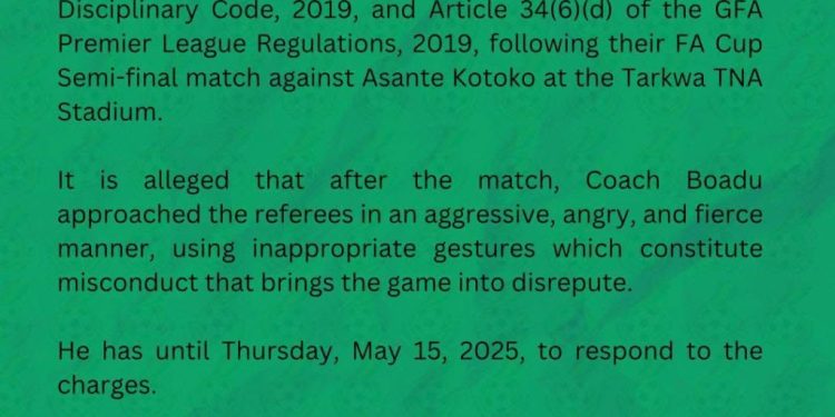 samuel boadu charged for misconduct in fa cup semi final clash with kotoko