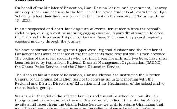 education ministry mourns seven lawra shs students lost in black volta boat tragedy