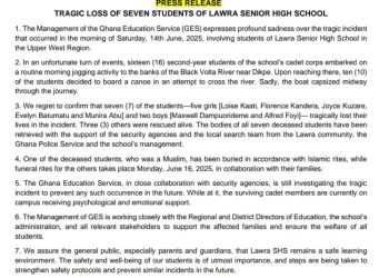 GES confirms burial of one student, vows to probe drowning of 7 Lawra SHS students