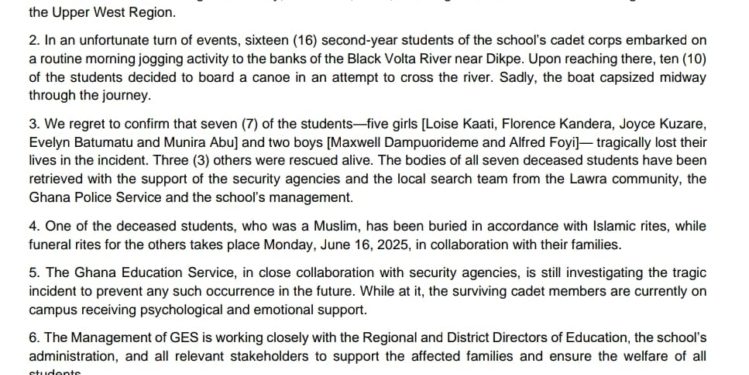 ges confirms burial of one student vows to probe drowning of 7 lawra shs students