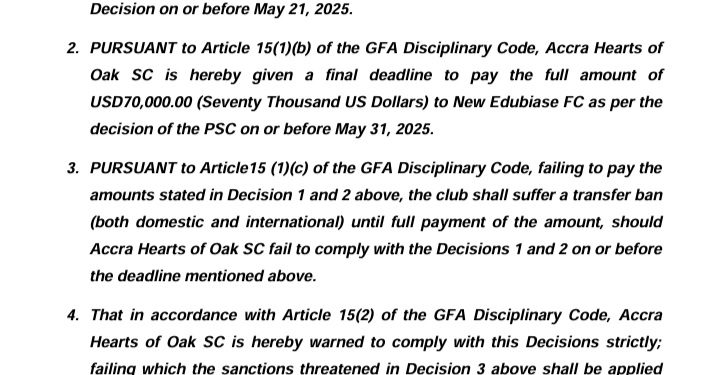 gfa imposes transfer ban on hearts of oak over unpaid 70000 debt to new edubiase