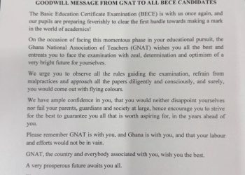 GNAT urges BECE candidates to stay disciplined, confident and avoid malpractice