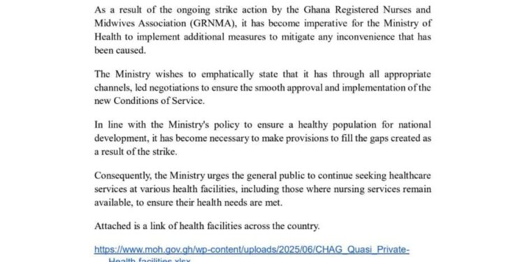health ministry releases list of functional facilities urges public to seek care amid nurses strike