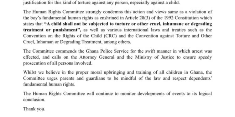human rights committee condemns torture of young boy in western region
