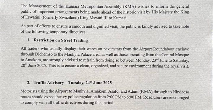 kma restricts street trading enhances traffic regulations as kumasi welcomes eswatini king