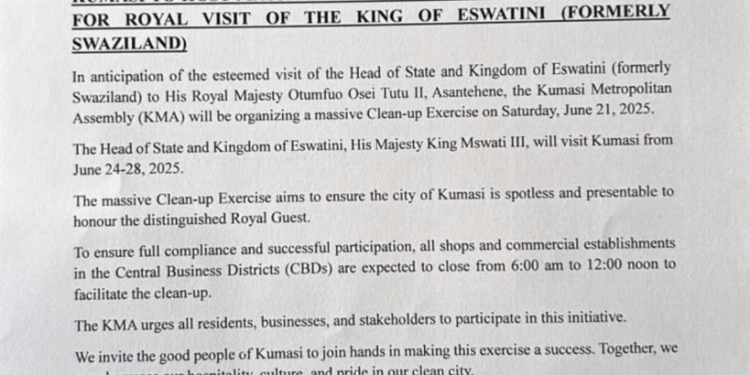 kumasi to undergo major clean up ahead of eswatini kings royal visit