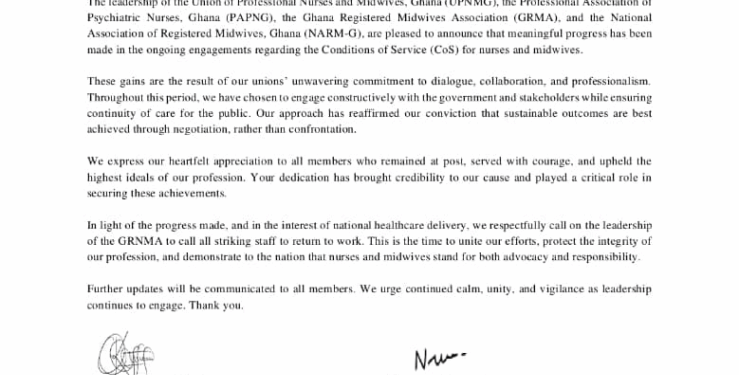 nursing and midwifery unions urge grnma to end strike due to progress in conditions of service talks