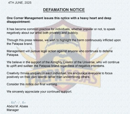 patapaas management issues defamation warning amid attacks