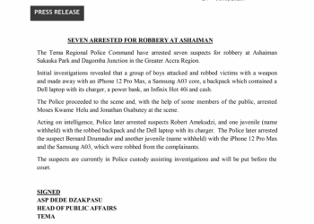 Seven arrested over robberies at Ashaiman Sakasaka Park and Dagomba Junction