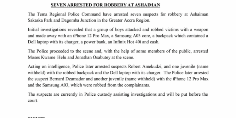 seven arrested over robberies at ashaiman sakasaka park and dagomba junction