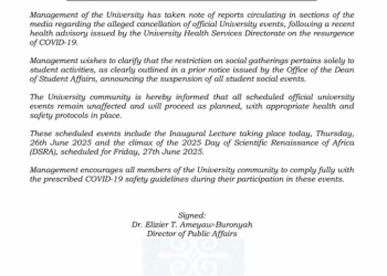 University of Ghana dispels rumours of event cancellations amid COVID-19 resurgence