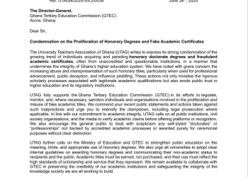 UTAG condemns abuse of honorary degrees and fake academic titles; charges GTEC to take action