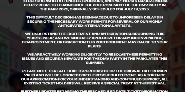 dmv party in the park 2025 postponed due to permit delays