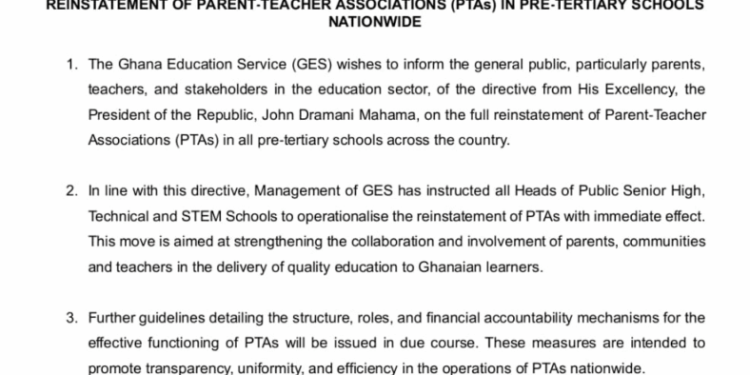 ges reinstates ptas in pre tertiary schools following presidential directive