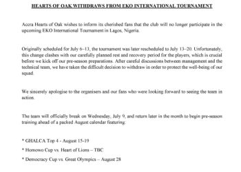 Hearts of Oak withdraw from pre-season competition in Lagos