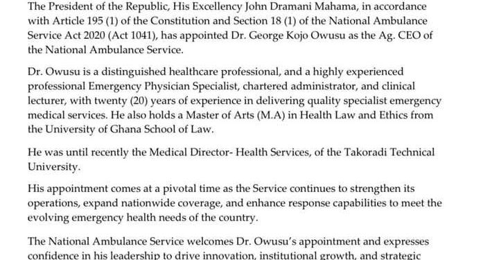 mahama appoints dr george kojo owusu as ag ceo of national ambulance service