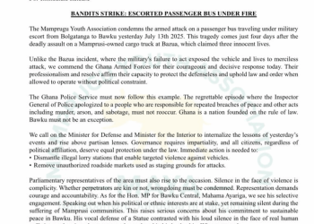 Mamprugu Youth Association condemns Bawku bus attack, demands swift security action