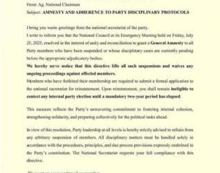 NPP Grants Blanket Amnesty to Suspended Members 3 NPP Grants Blanket Amnesty to Suspended Members