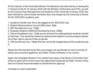 Here are the approved University of Ghana fees for the 2025/2026 academic year after government intervention