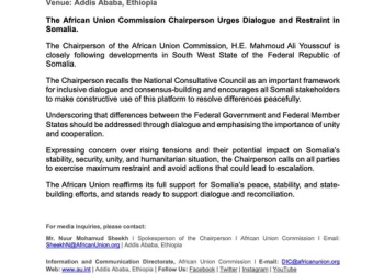 African Union Chair urges dialogue amid rising tensions in Somalia
