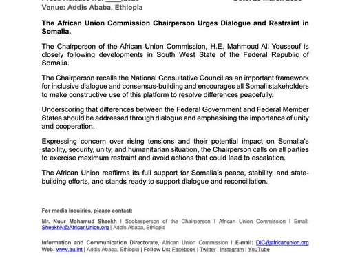 african union chair urges dialogue amid rising tensions in somalia
