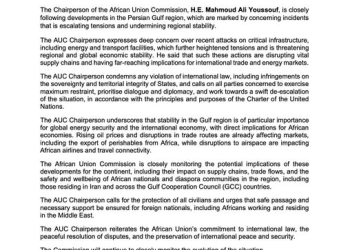 African Union raises alarm over escalating tensions in the Persian Gulf