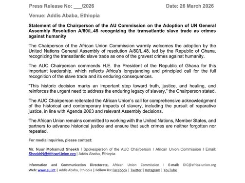 au chair hails un resolution recognising transatlantic slave trade as crime against humanity