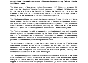 AU Chairperson welcomes peaceful resolution of border disputes in Mano River Region