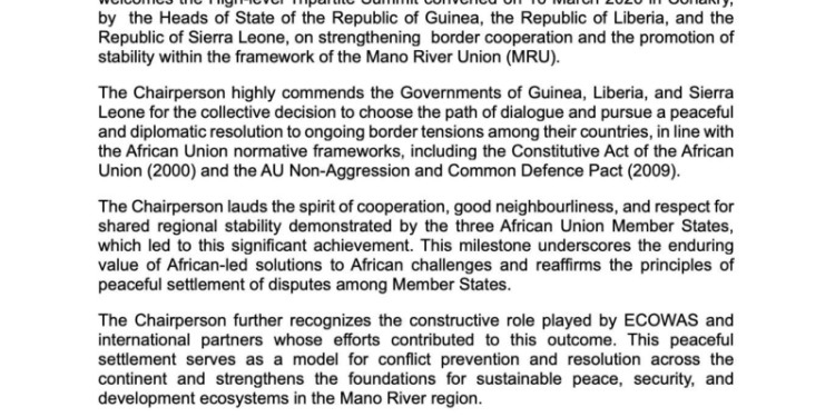 au chairperson welcomes peaceful resolution of border disputes in mano river region