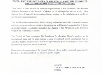 Council of State congratulates Mahama over UN slavery resolution