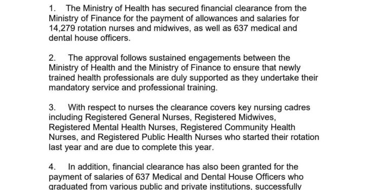 financial clearance secured for nearly 15000 rotation nurses midwives and medical house officers