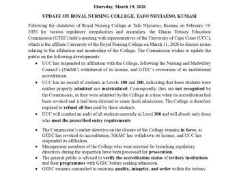 GTEC orders Royal Nursing College to refund fees to level 100 and 200 students after closure